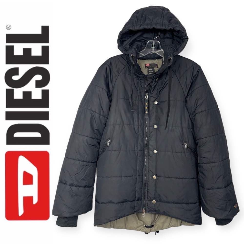 Diesel Woman’s Puffer Jacket Black High Low Hooded Insulated Winter Coat M - Picture 1 of 16